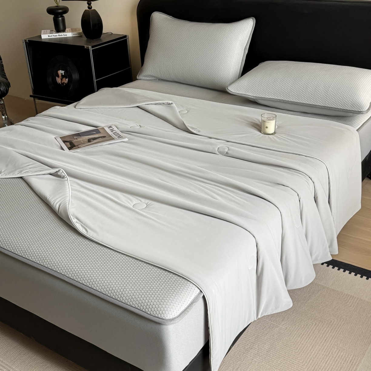 91家纺网 家纺一手货源 找家纺 欧邦 2026新款PE中分子提花冰豆豆床笠凉席 蜂巢-浅灰-床笠款