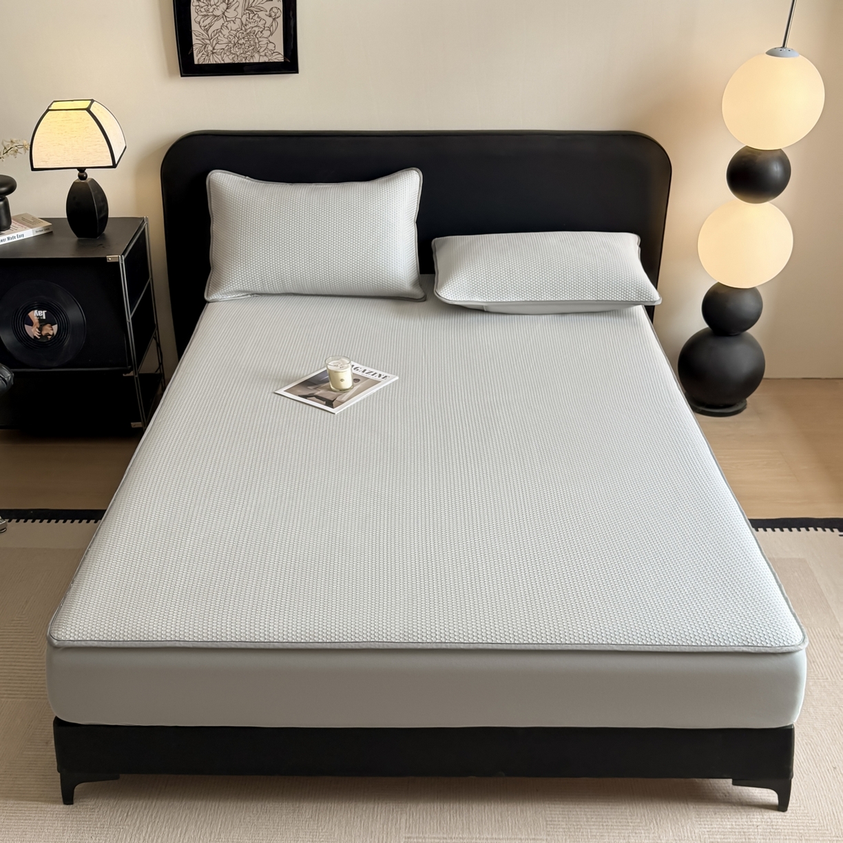 91家纺网 家纺一手货源 找家纺 欧邦 2026新款PE中分子提花冰豆豆床笠凉席 蜂巢-浅灰-床笠款