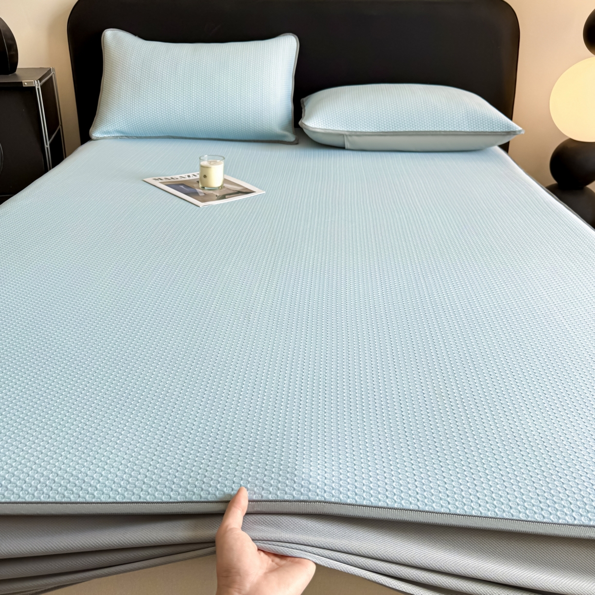 91家纺网 家纺一手货源 找家纺 欧邦 2026新款PE中分子提花冰豆豆床笠凉席 蜂巢-浅蓝-床笠款