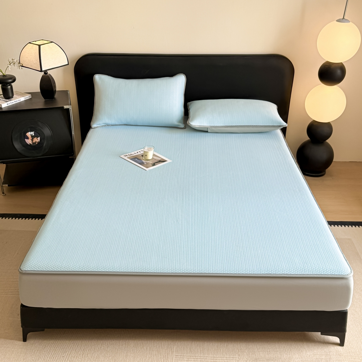 91家纺网 家纺一手货源 找家纺 欧邦 2026新款PE中分子提花冰豆豆床笠凉席 蜂巢-浅蓝-床笠款