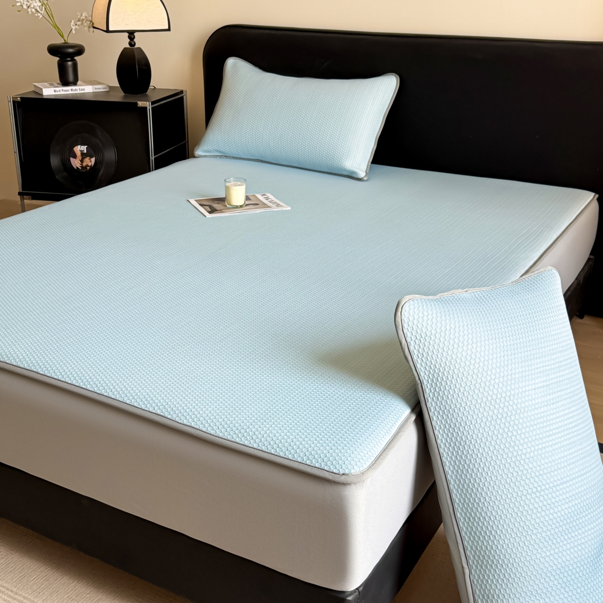 91家纺网 家纺一手货源 找家纺 欧邦 2026新款PE中分子提花冰豆豆床笠凉席 蜂巢-浅蓝-床笠款