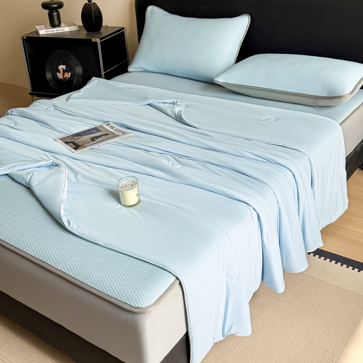 91家纺网 家纺一手货源 找家纺 欧邦 2026新款PE中分子提花冰豆豆床笠凉席 蜂巢-浅蓝-床笠款