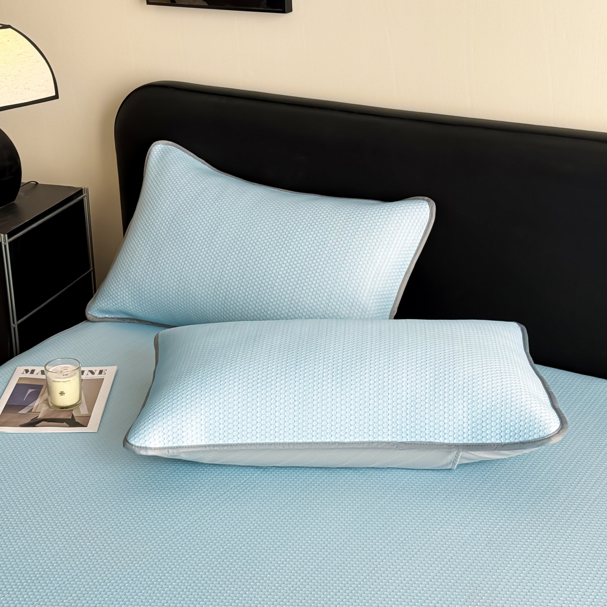 91家纺网 家纺一手货源 找家纺 欧邦 2026新款PE中分子提花冰豆豆床笠凉席 蜂巢-浅蓝-床笠款