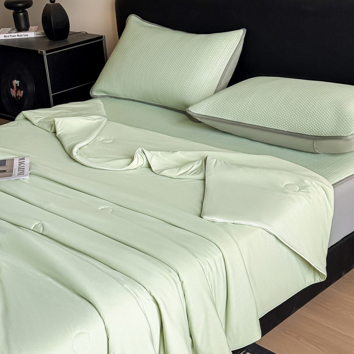 91家纺网 家纺一手货源 找家纺 （总）欧邦 2026新款PE中分子提花冰豆豆凉席床笠夏被套件-蜂巢系列