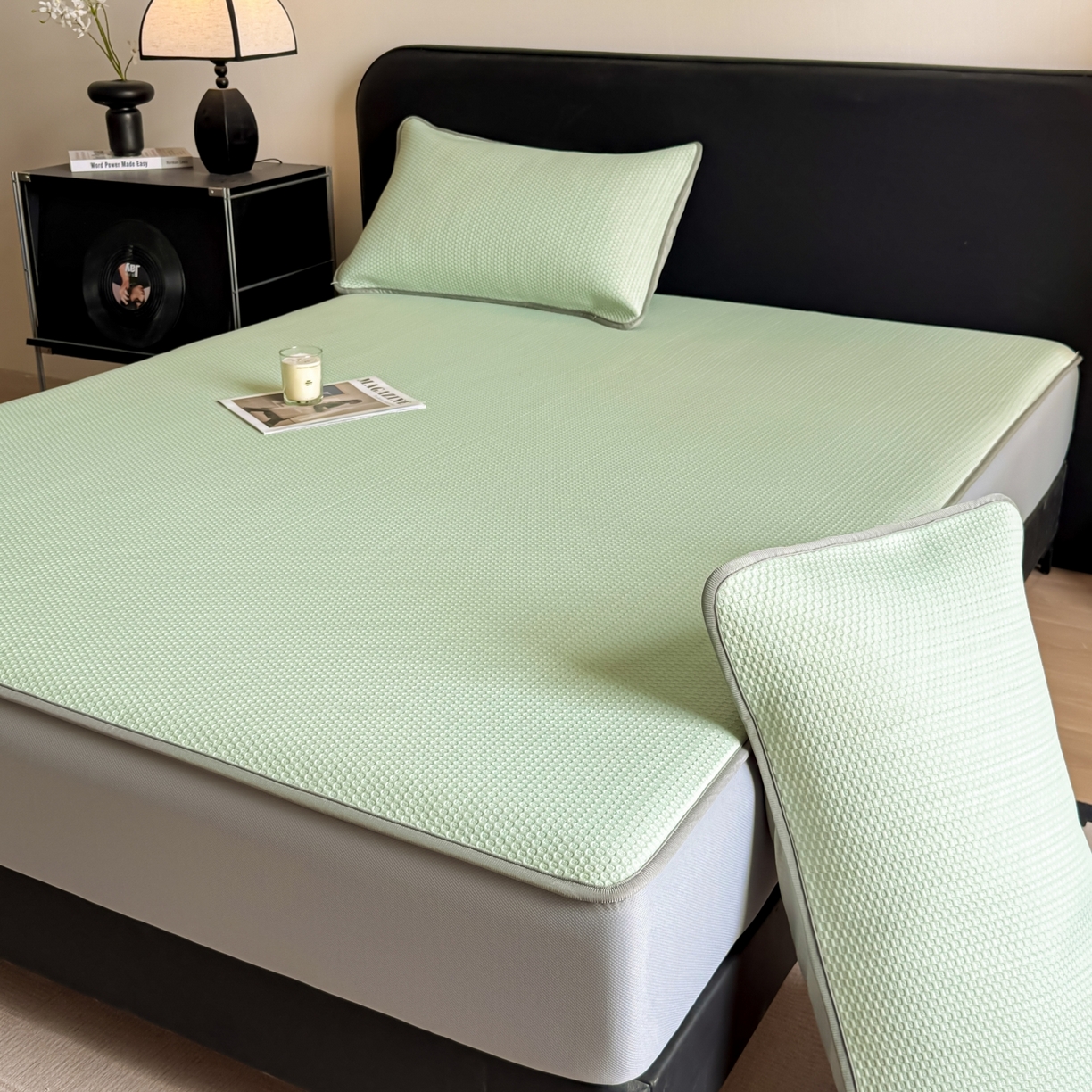 91家纺网 家纺一手货源 找家纺 （总）欧邦 2026新款PE中分子提花冰豆豆凉席床笠夏被套件-蜂巢系列