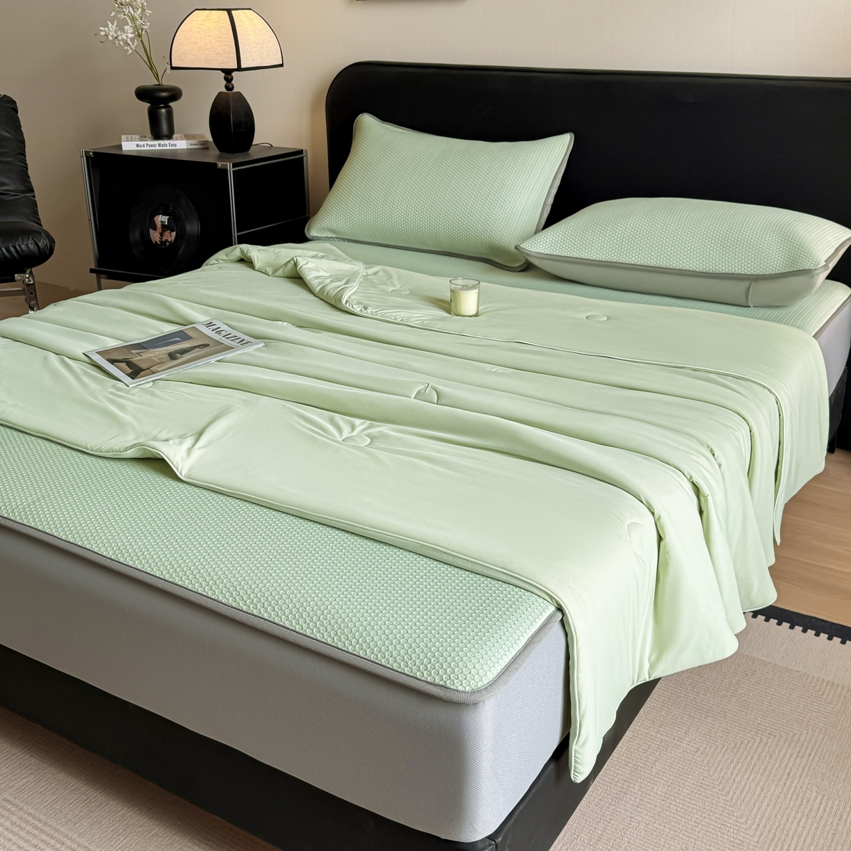 91家纺网 家纺一手货源 找家纺 （总）欧邦 2026新款PE中分子提花冰豆豆凉席床笠夏被套件-蜂巢系列