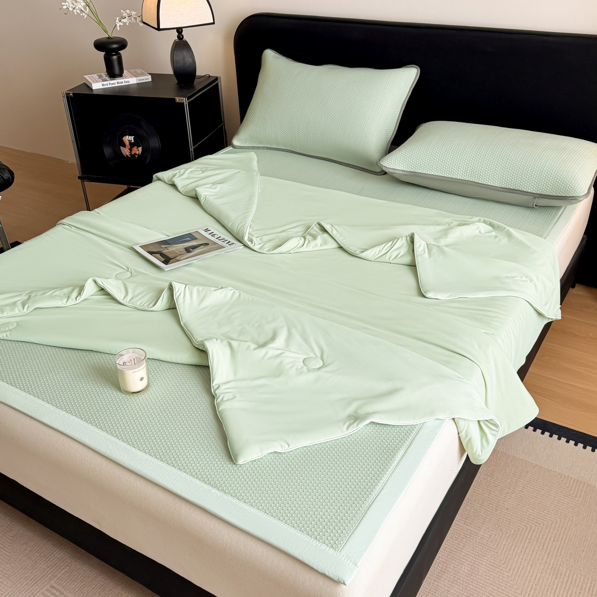 91家纺网 家纺一手货源 找家纺 （总）欧邦 2026新款PE中分子提花冰豆豆凉席床笠夏被套件-蜂巢系列