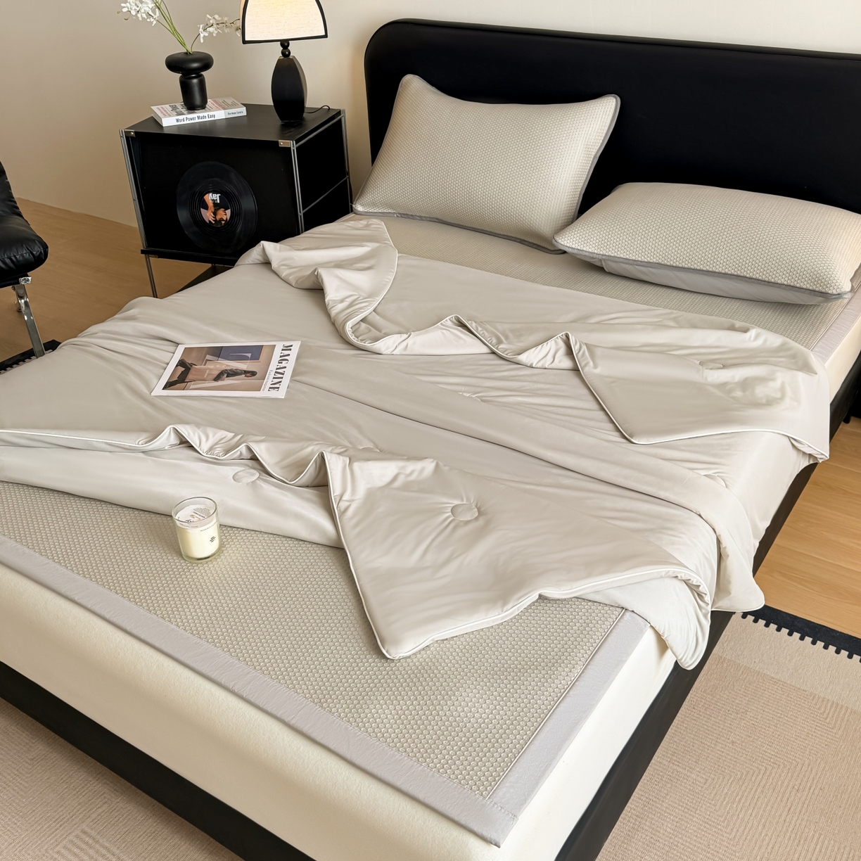 91家纺网 家纺一手货源 找家纺 （总）欧邦 2026新款PE中分子提花冰豆豆凉席床笠夏被套件-蜂巢系列