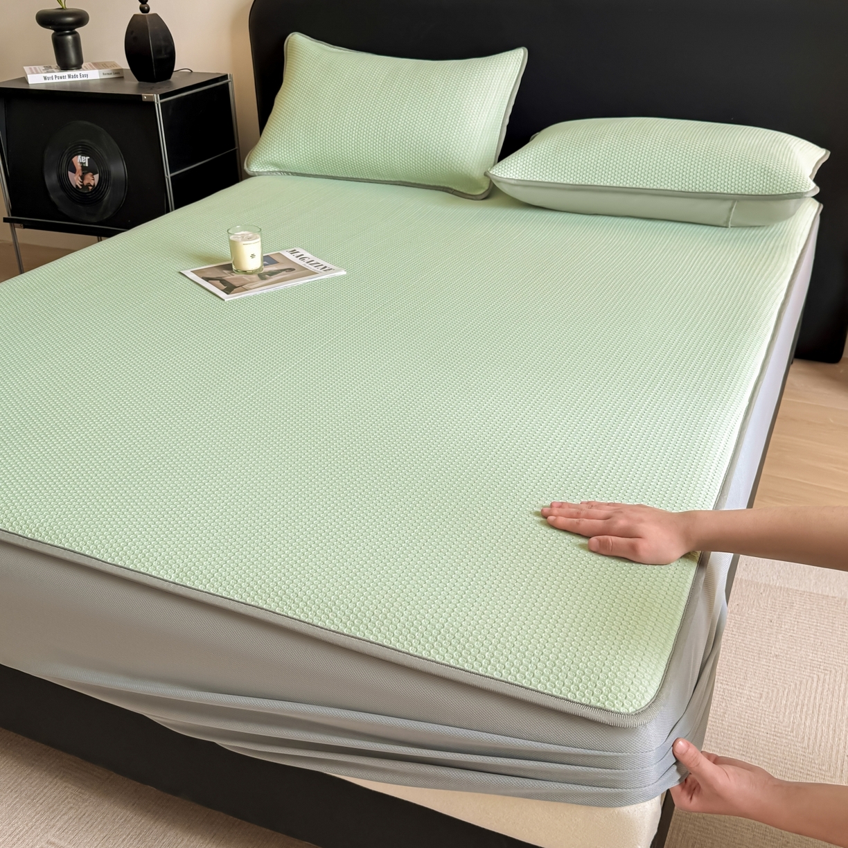 91家纺网 家纺一手货源 找家纺 欧邦 2026新款PE中分子提花冰豆豆凉席床笠夏被套件-蜂巢系列 蜂巢-草绿-床笠款