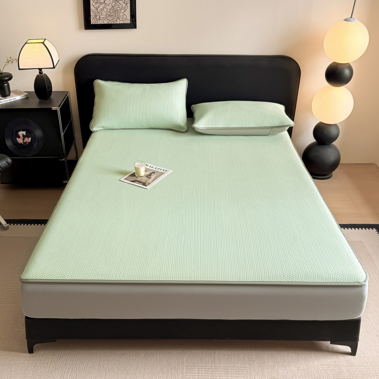 91家纺网 家纺一手货源 找家纺 欧邦 2026新款PE中分子提花冰豆豆凉席床笠夏被套件-蜂巢系列 蜂巢-草绿-床笠款