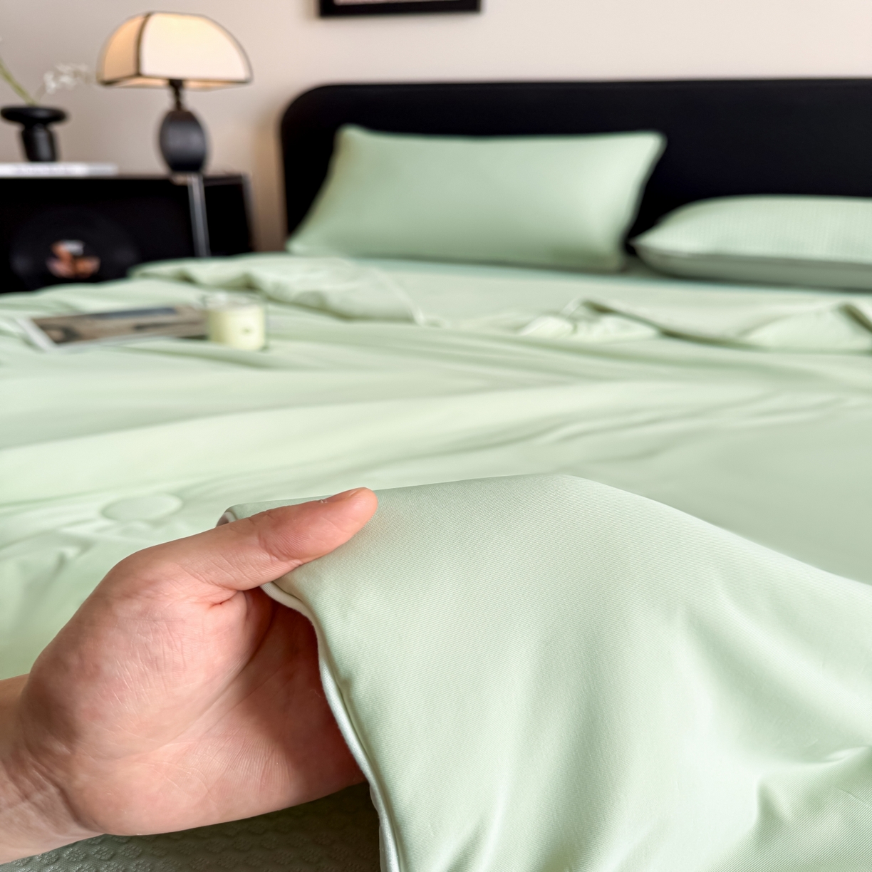 91家纺网 家纺一手货源 找家纺 欧邦 2026新款PE中分子提花冰豆豆凉席床笠夏被套件-蜂巢系列 蜂巢-草绿-凉席款