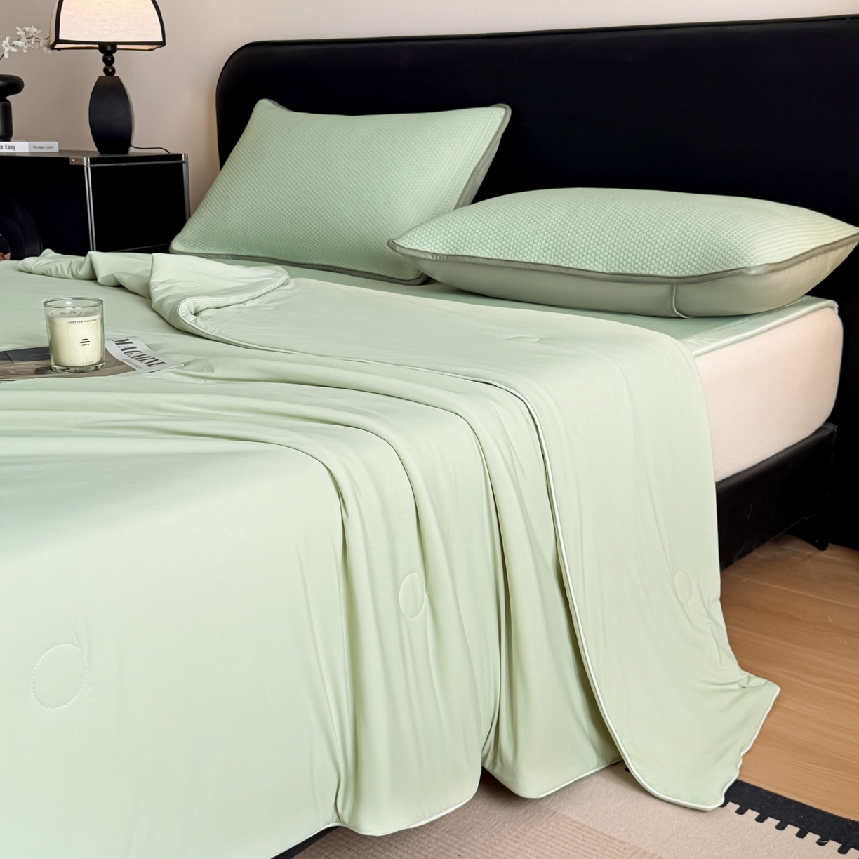 91家纺网 家纺一手货源 找家纺 欧邦 2026新款PE中分子提花冰豆豆凉席床笠夏被套件-蜂巢系列 蜂巢-草绿-凉席款