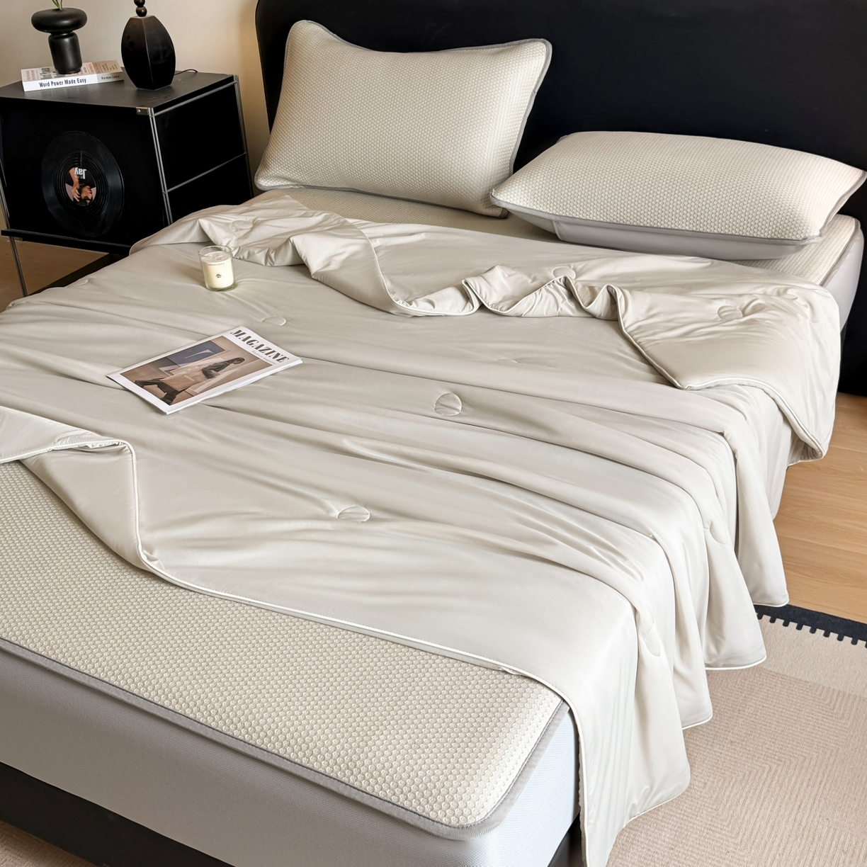 91家纺网 家纺一手货源 找家纺 欧邦 2026新款PE中分子提花冰豆豆凉席床笠夏被套件-蜂巢系列 蜂巢-卡其-床笠款