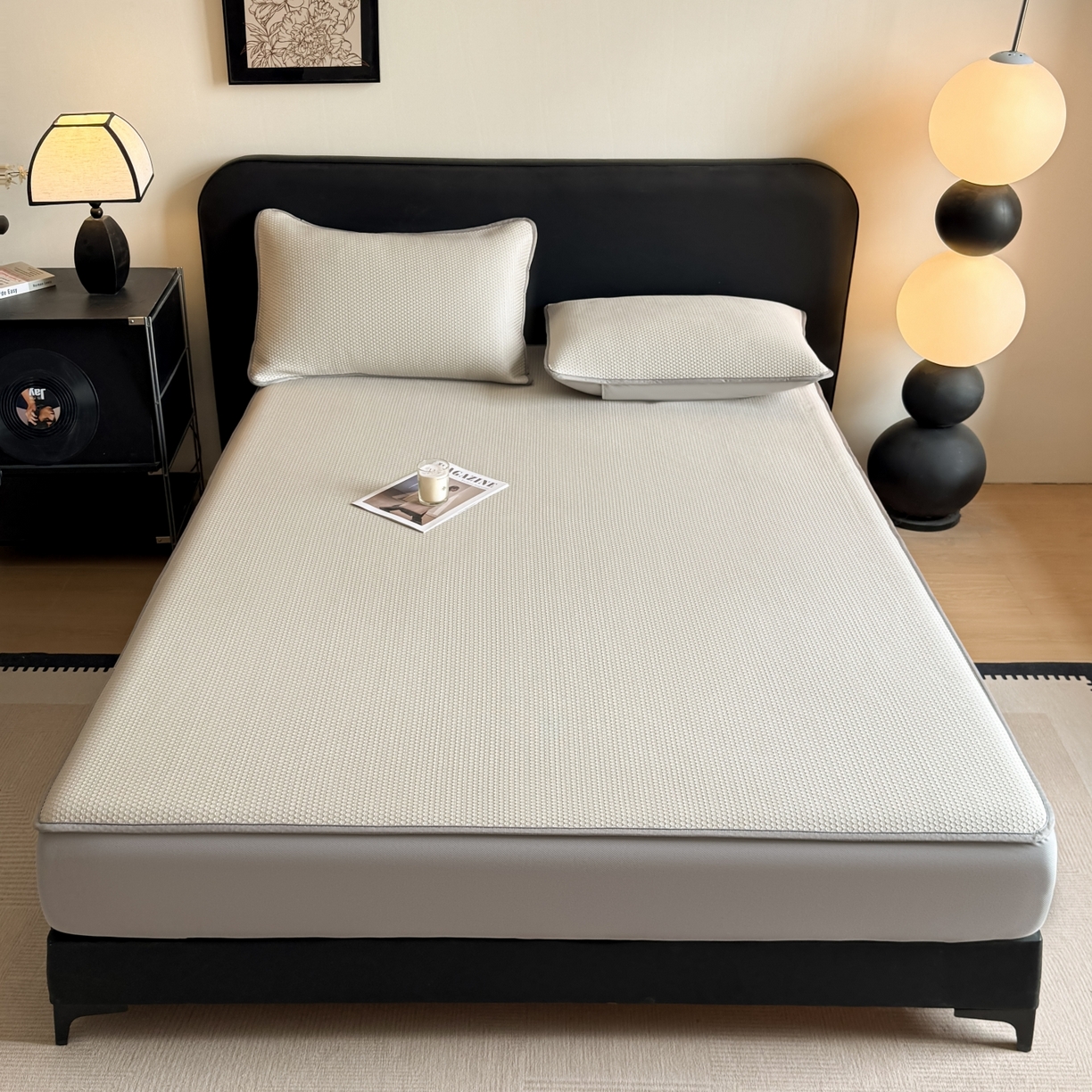 91家纺网 家纺一手货源 找家纺 欧邦 2026新款PE中分子提花冰豆豆凉席床笠夏被套件-蜂巢系列 蜂巢-卡其-床笠款