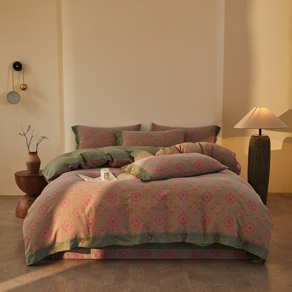 91家纺网 家纺一手货源 找家纺 （总）仰望棉麻双层纱供应链 2026新款财源滚滚一花三色全棉色织提花双层纱纽扣款四件套