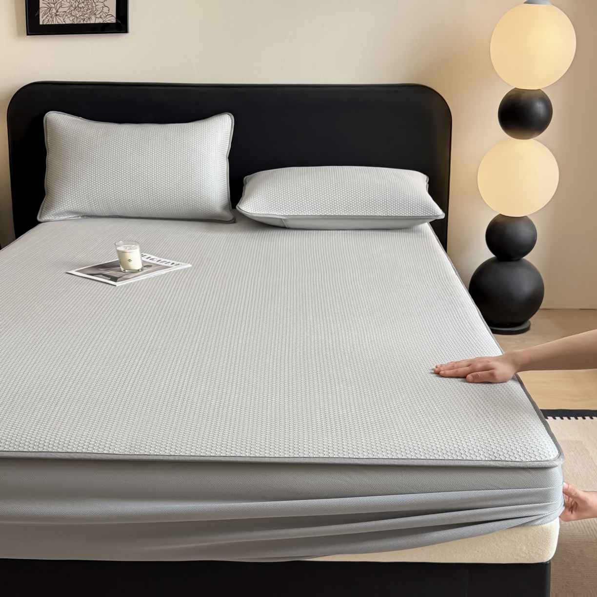 91家纺网 家纺一手货源 找家纺 欧邦 2026新款PE中分子提花冰豆豆凉席床笠夏被套件-蜂巢系列 蜂巢-浅灰-床笠款