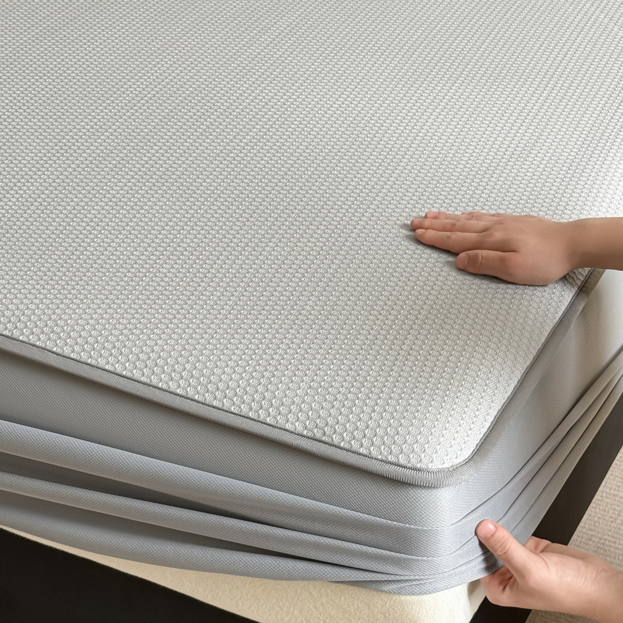 91家纺网 家纺一手货源 找家纺 欧邦 2026新款PE中分子提花冰豆豆凉席床笠夏被套件-蜂巢系列 蜂巢-浅灰-床笠款