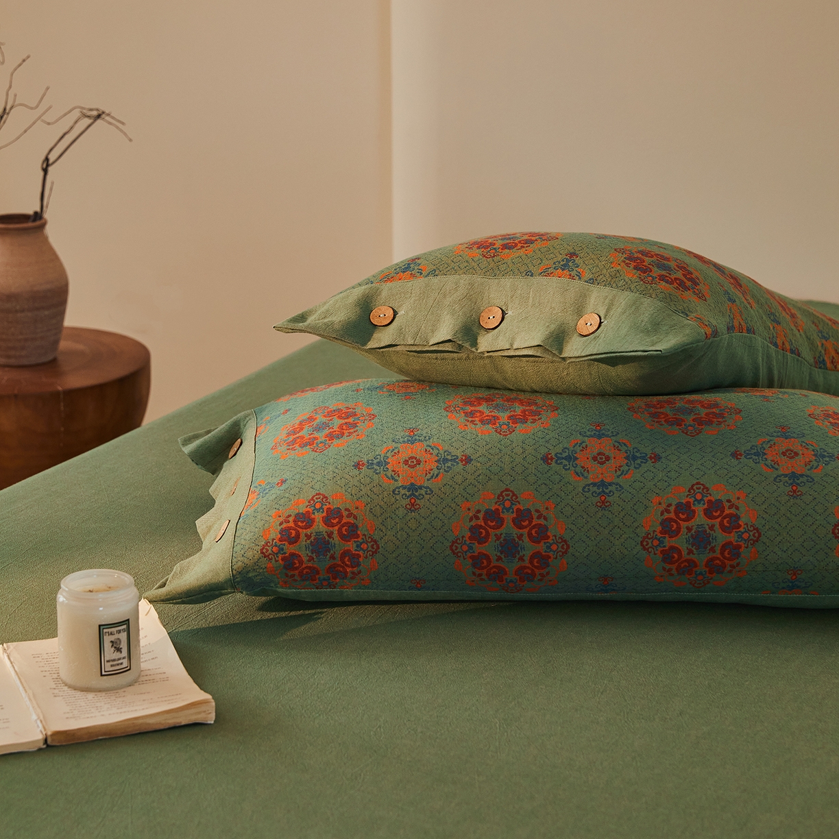 91家纺网 家纺一手货源 找家纺 （总）仰望棉麻双层纱供应链 2026新款财源滚滚一花三色全棉色织提花双层纱纽扣款四件套