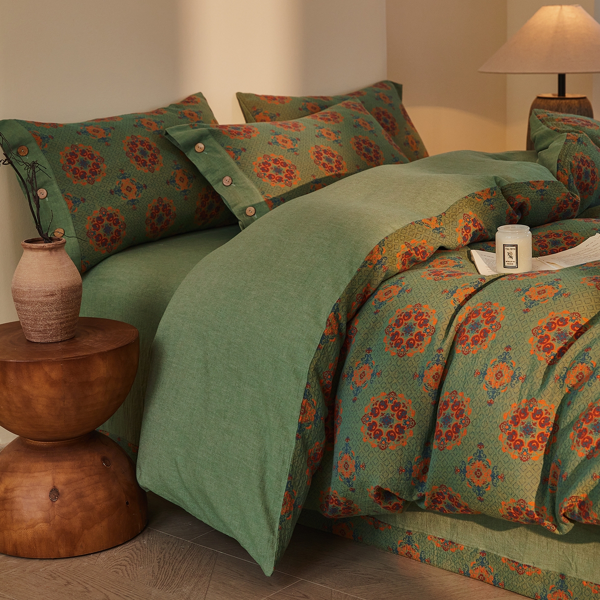 91家纺网 家纺一手货源 找家纺 （总）仰望棉麻双层纱供应链 2026新款财源滚滚一花三色全棉色织提花双层纱纽扣款四件套