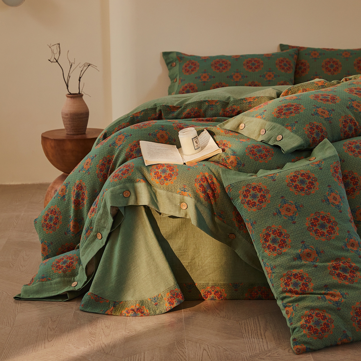 91家纺网 家纺一手货源 找家纺 （总）仰望棉麻双层纱供应链 2026新款财源滚滚一花三色全棉色织提花双层纱纽扣款四件套