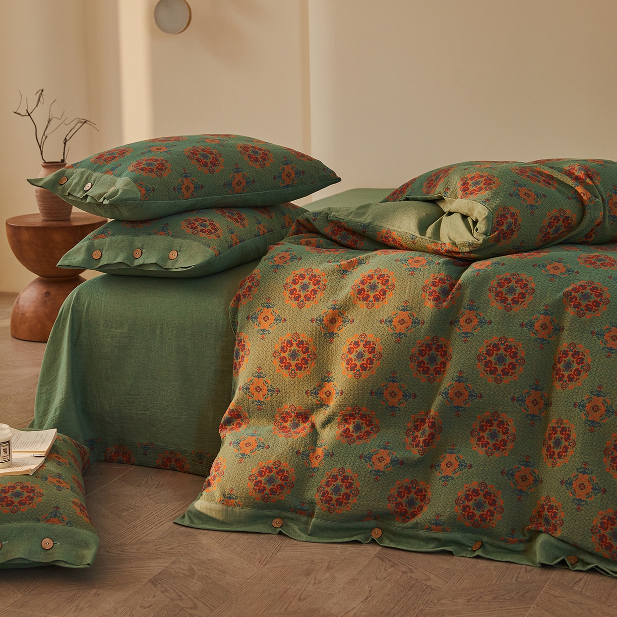 91家纺网 家纺一手货源 找家纺 （总）仰望棉麻双层纱供应链 2026新款财源滚滚一花三色全棉色织提花双层纱纽扣款四件套