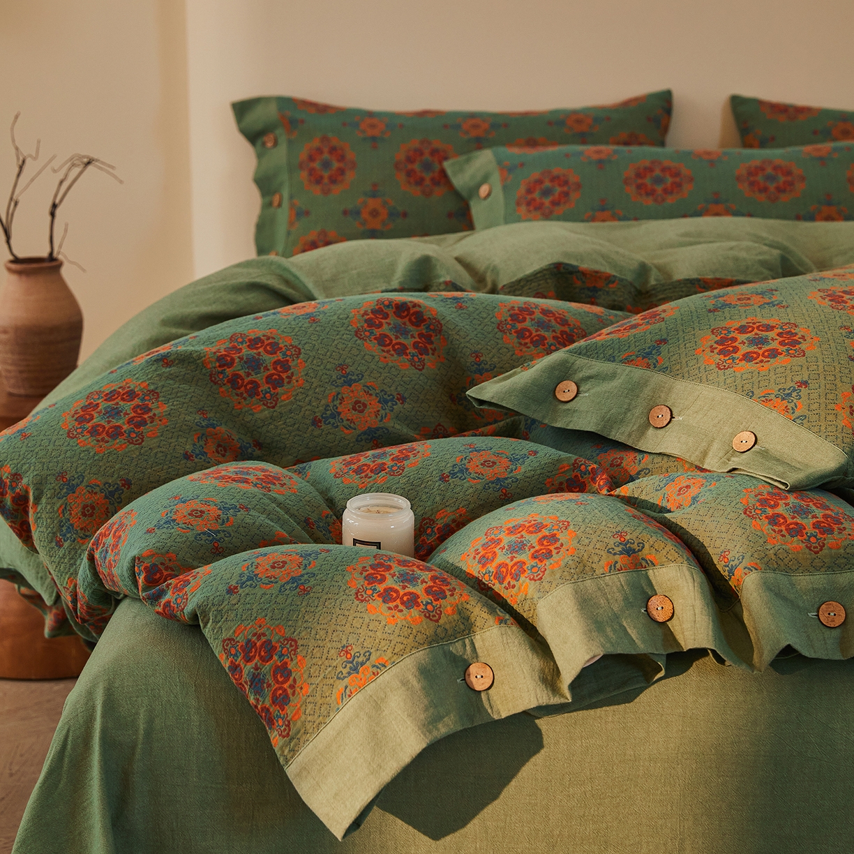 91家纺网 家纺一手货源 找家纺 （总）仰望棉麻双层纱供应链 2026新款财源滚滚一花三色全棉色织提花双层纱纽扣款四件套