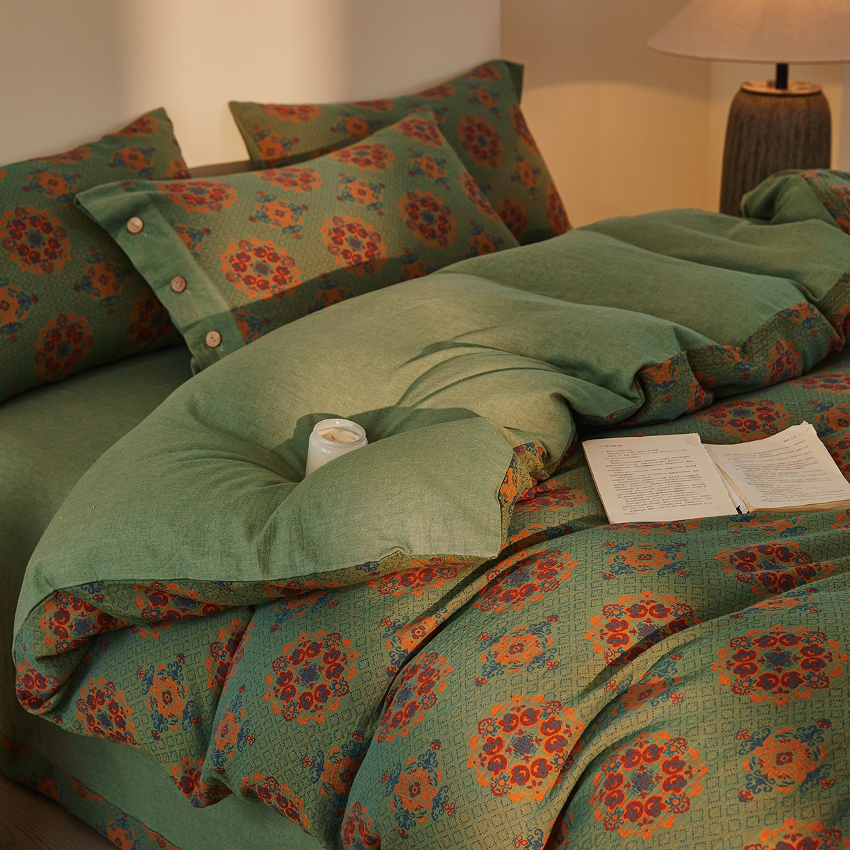 91家纺网 家纺一手货源 找家纺 （总）仰望棉麻双层纱供应链 2026新款财源滚滚一花三色全棉色织提花双层纱纽扣款四件套