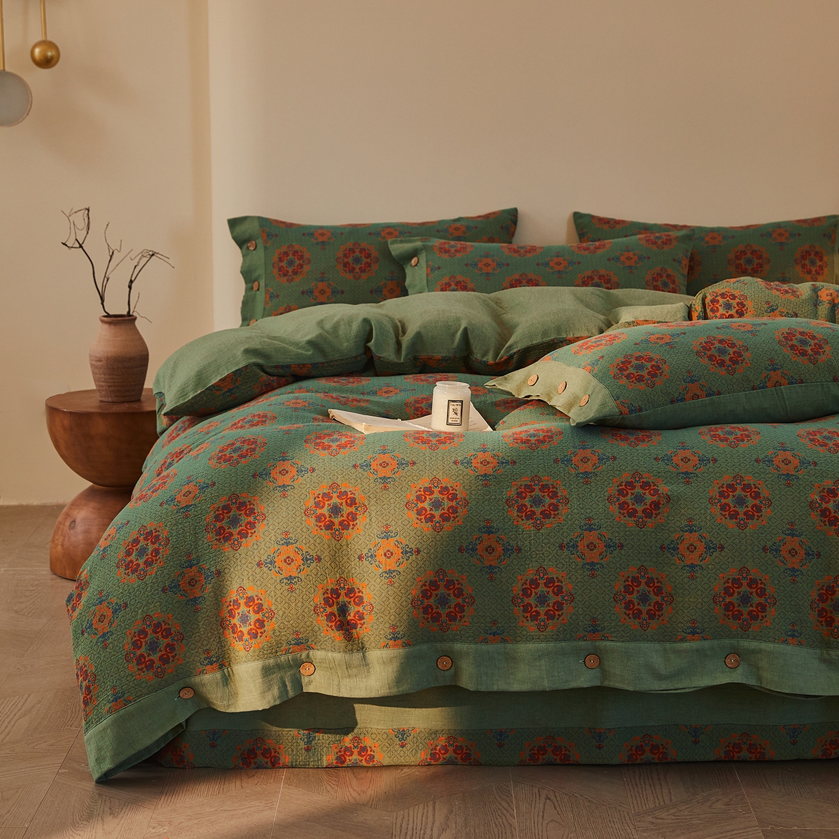 91家纺网 家纺一手货源 找家纺 （总）仰望棉麻双层纱供应链 2026新款财源滚滚一花三色全棉色织提花双层纱纽扣款四件套