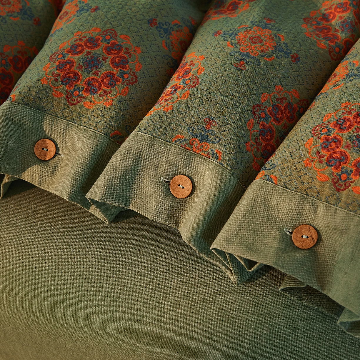 91家纺网 家纺一手货源 找家纺 （总）仰望棉麻双层纱供应链 2026新款财源滚滚一花三色全棉色织提花双层纱纽扣款四件套