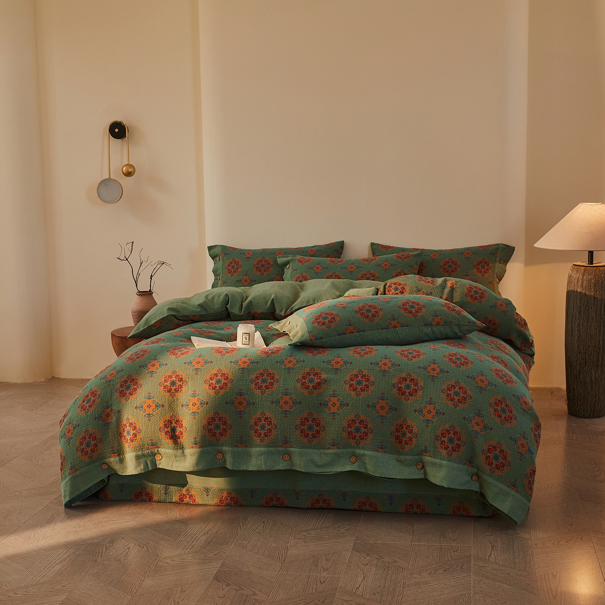 91家纺网 家纺一手货源 找家纺 （总）仰望棉麻双层纱供应链 2026新款财源滚滚一花三色全棉色织提花双层纱纽扣款四件套