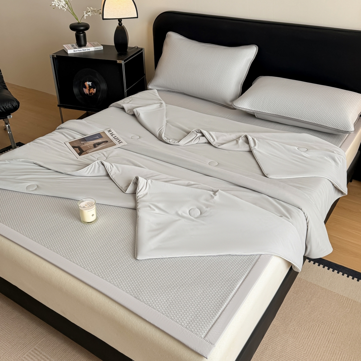 欧邦 2026新款PE中分子提花冰豆豆凉席床笠夏被套件-蜂巢系列 蜂巢-浅灰-凉席款