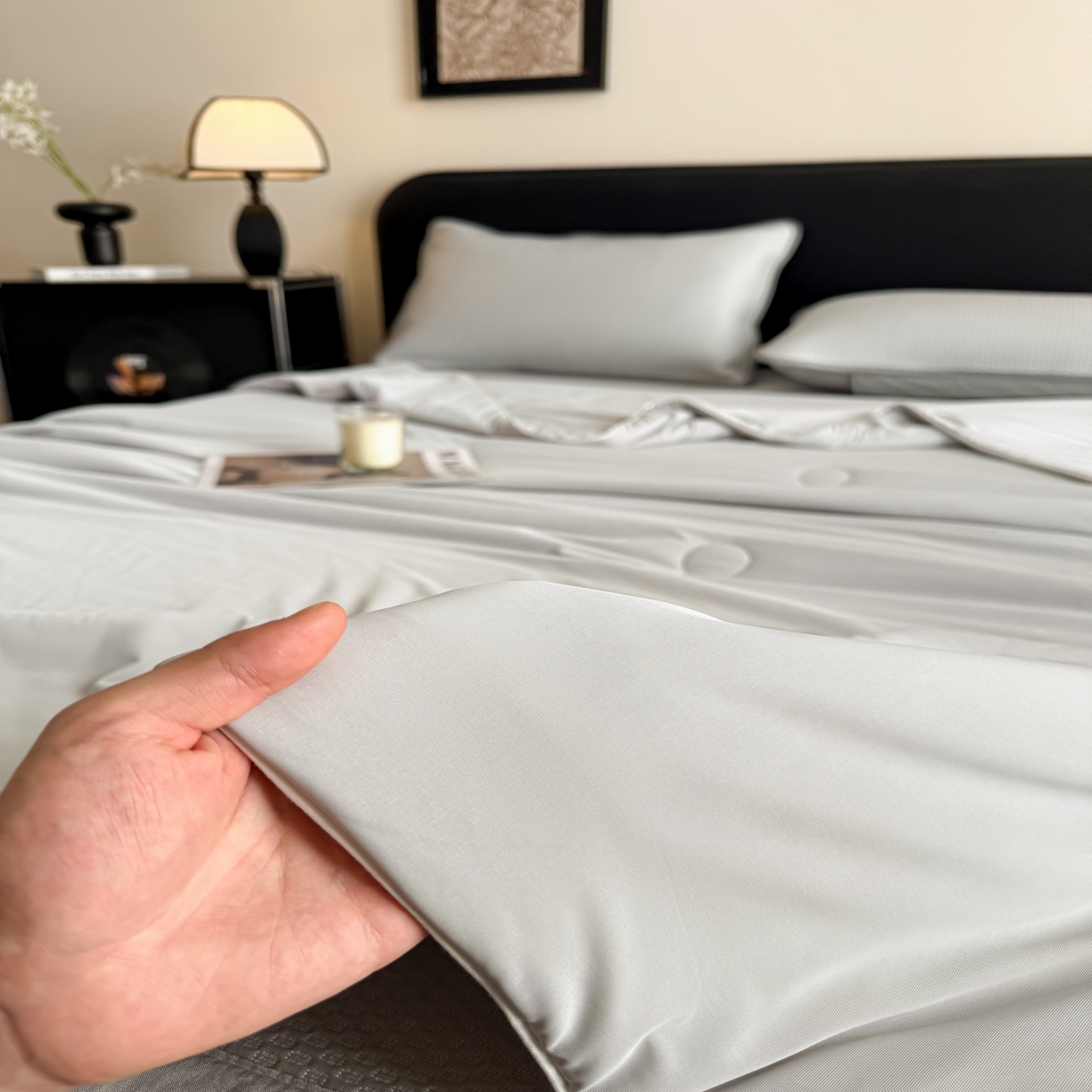 91家纺网 家纺一手货源 找家纺 欧邦 2026新款PE中分子提花冰豆豆凉席床笠夏被套件-蜂巢系列 蜂巢-浅灰-凉席款