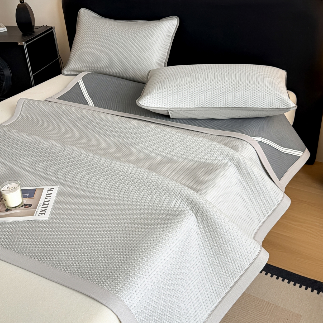 91家纺网 家纺一手货源 找家纺 欧邦 2026新款PE中分子提花冰豆豆凉席床笠夏被套件-蜂巢系列 蜂巢-浅灰-凉席款