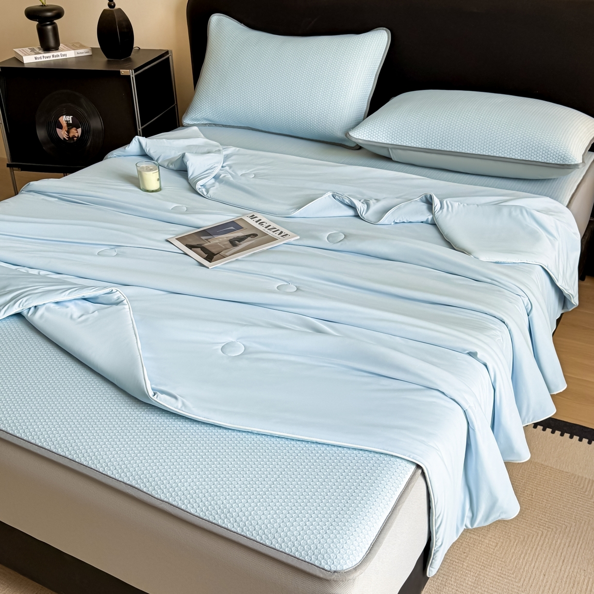 欧邦 2026新款PE中分子提花冰豆豆凉席床笠夏被套件-蜂巢系列 蜂巢-浅蓝-床笠款