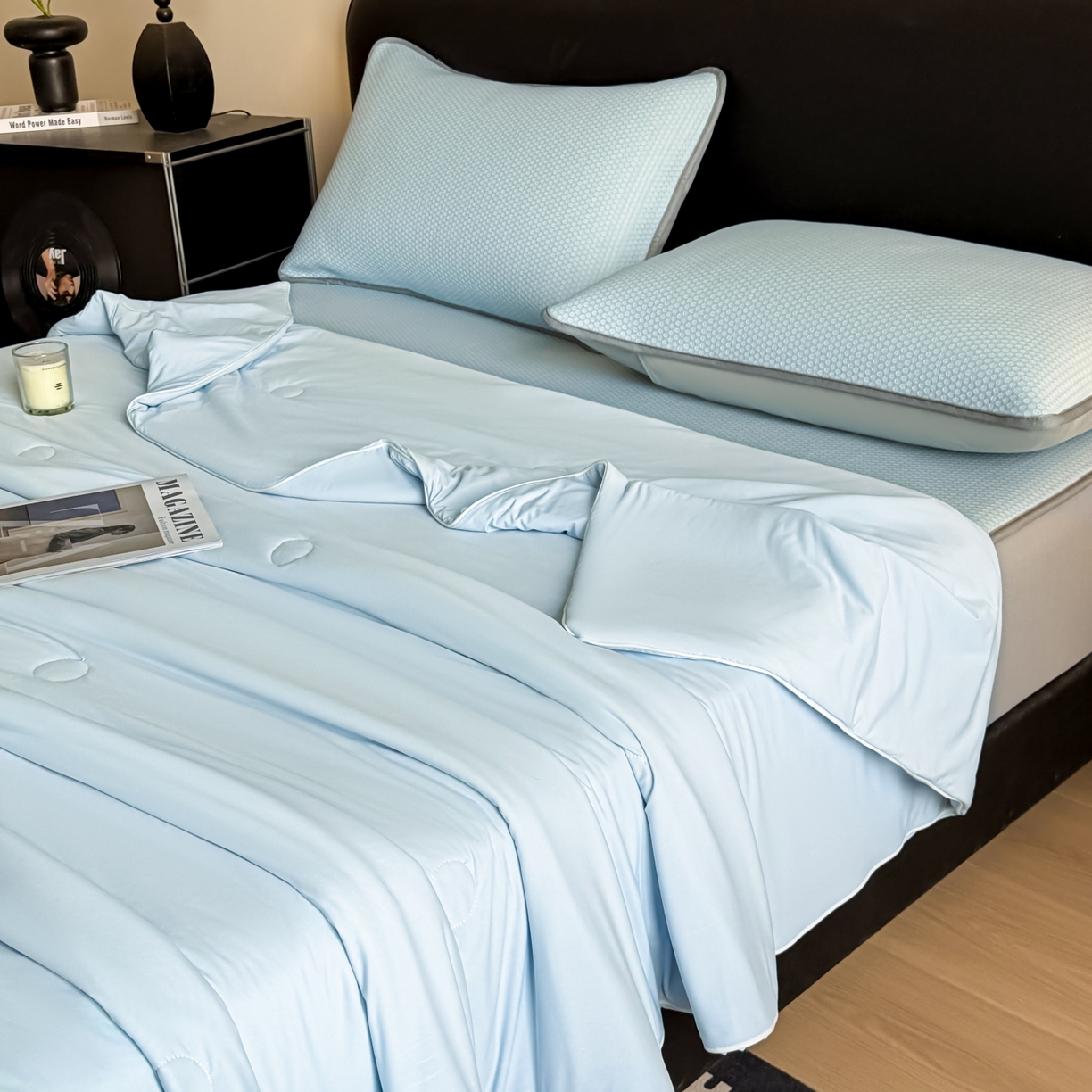 91家纺网 家纺一手货源 找家纺 欧邦 2026新款PE中分子提花冰豆豆凉席床笠夏被套件-蜂巢系列 蜂巢-浅蓝-床笠款