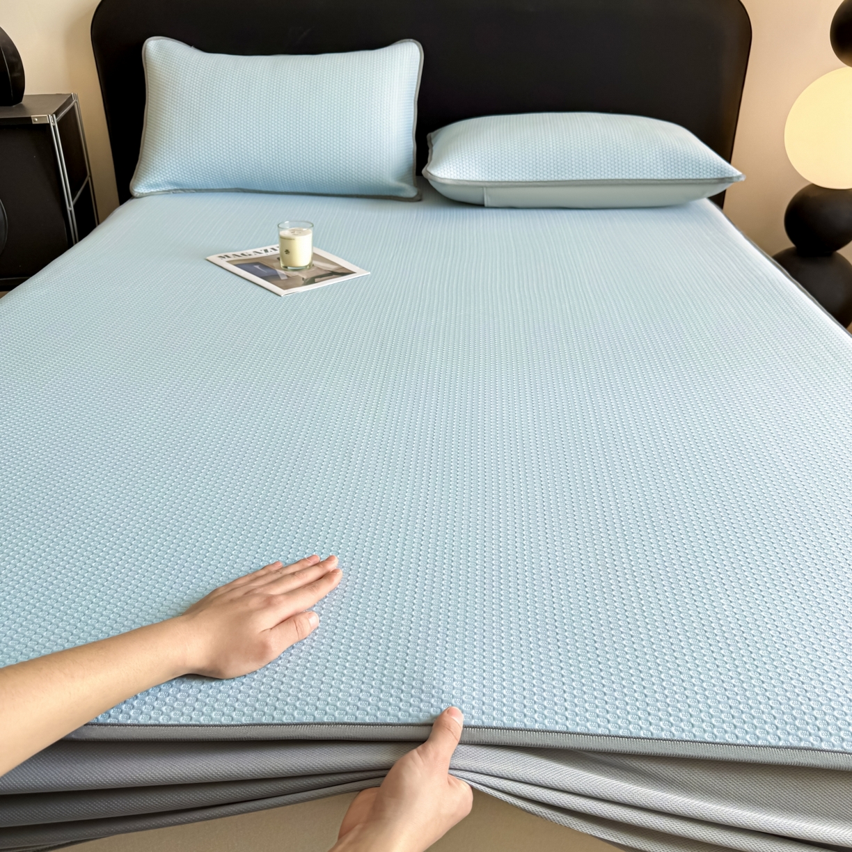 91家纺网 家纺一手货源 找家纺 欧邦 2026新款PE中分子提花冰豆豆凉席床笠夏被套件-蜂巢系列 蜂巢-浅蓝-床笠款