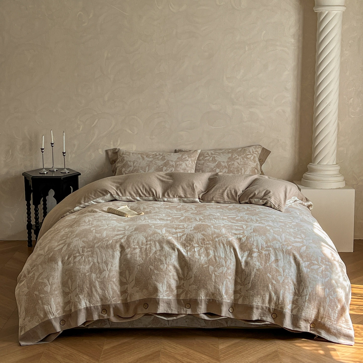 91家纺网 家纺一手货源 找家纺 （总）仰望棉麻双层纱供应链 2026新款茶语一花三色全棉色织提花双层纱纽扣款四件套