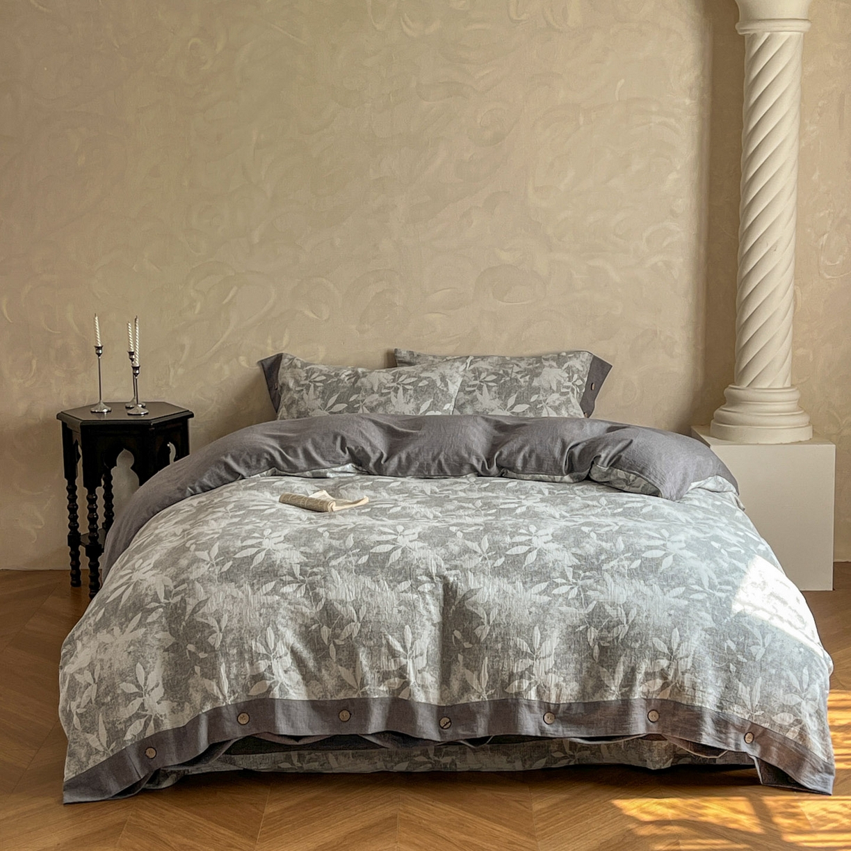 （总）仰望棉麻双层纱供应链 2026新款茶语一花三色全棉色织提花双层纱纽扣款四件套