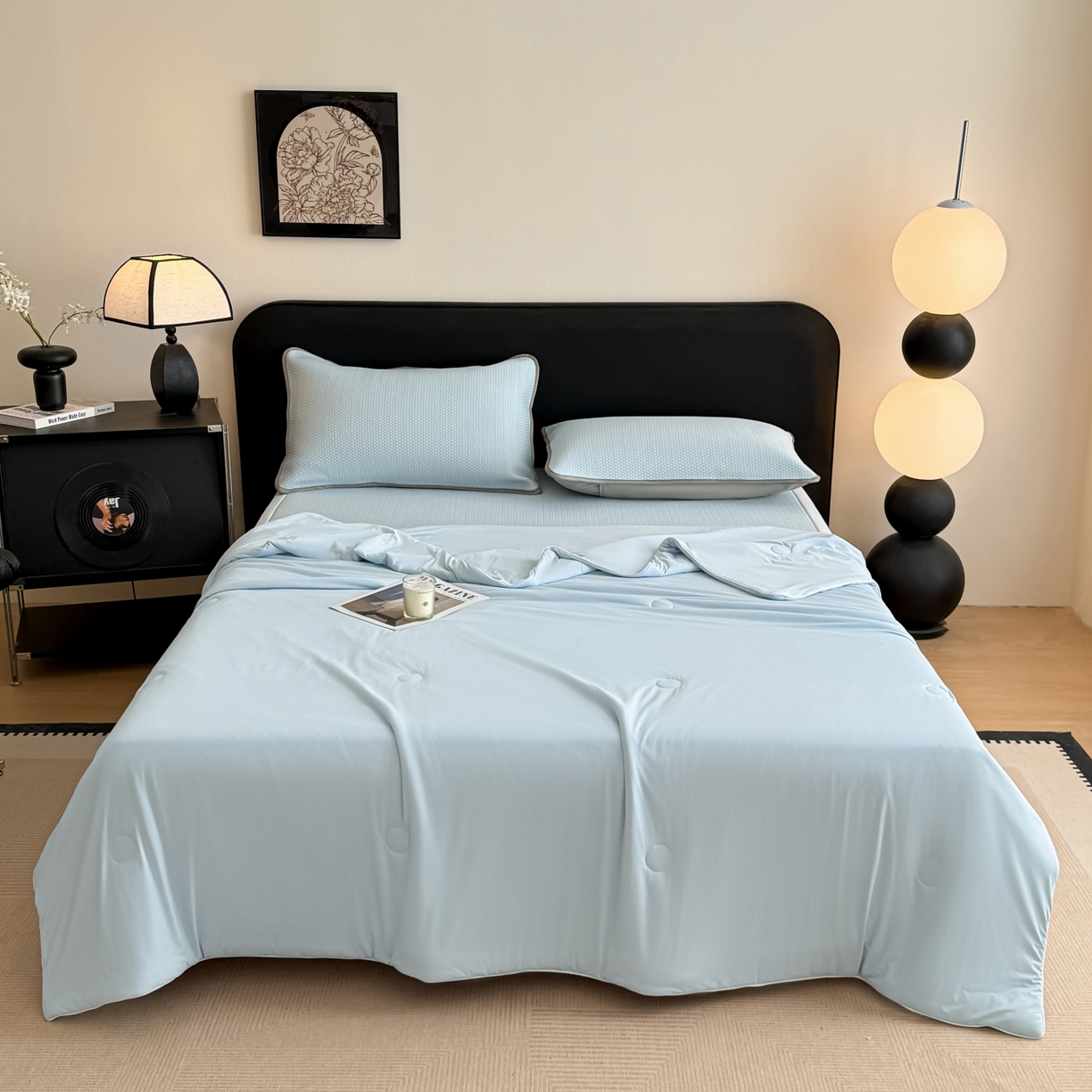 91家纺网 家纺一手货源 找家纺 欧邦 2026新款PE中分子提花冰豆豆凉席床笠夏被套件-蜂巢系列 蜂巢-浅蓝-凉席款