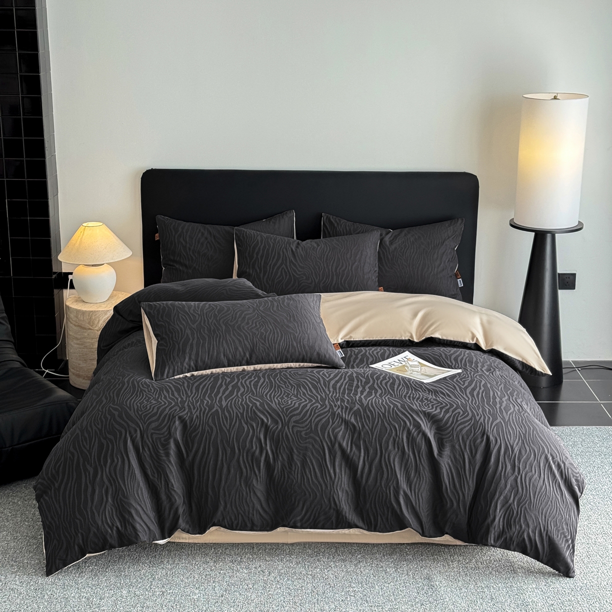 女子家纺 2026新款40支全棉提花四件套--彩绘系列 青禾纹-墨黑