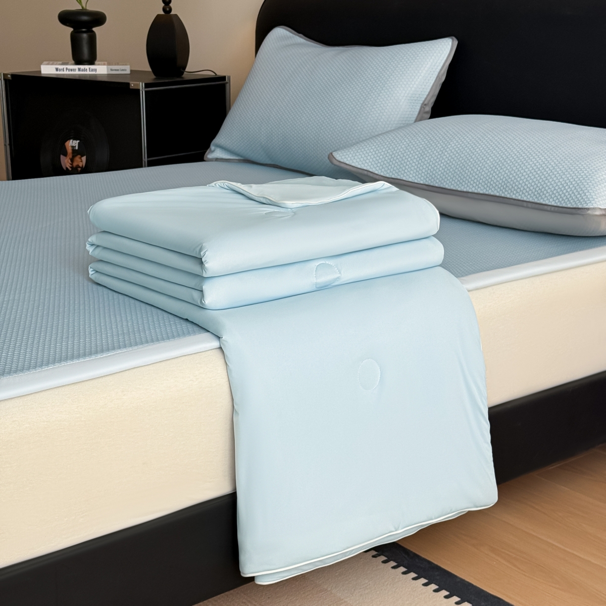 91家纺网 家纺一手货源 找家纺 欧邦 2026新款PE中分子提花冰豆豆凉席床笠夏被套件-蜂巢系列 蜂巢-浅蓝-凉席款