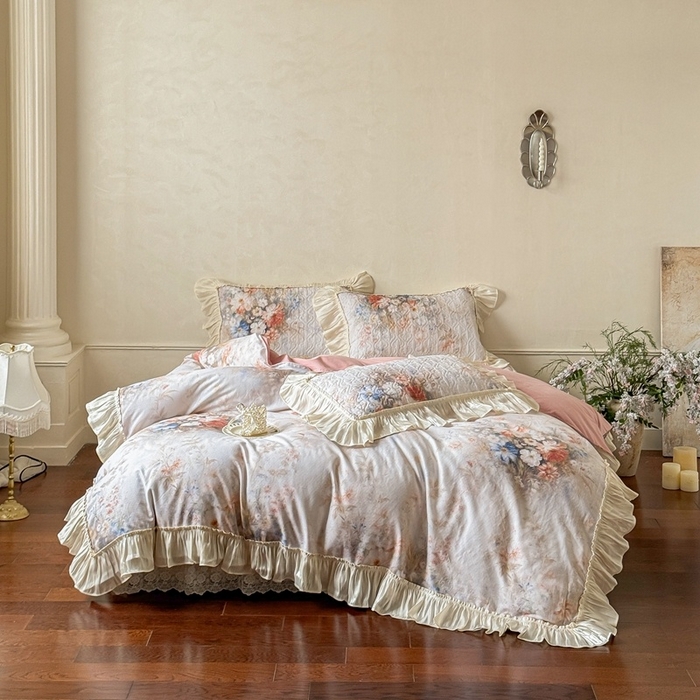 91家纺网 家纺一手货源 找家纺 （总）花香四季家纺 2026新款全棉双层纱数码印花四件套,半夏,朝花夕拾,海棠花开-绿,海棠花开-紫,洛丽可