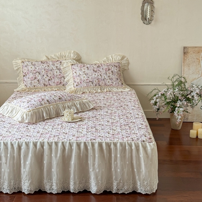 91家纺网 家纺一手货源 找家纺 花香四季家纺 2026新款全棉双层纱数码印花四件套 海棠花开-紫