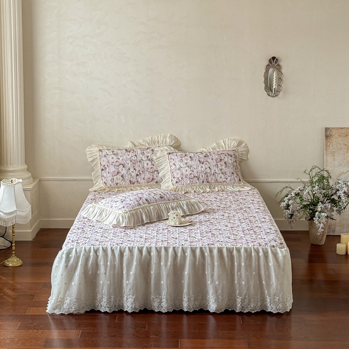 91家纺网 家纺一手货源 找家纺 花香四季家纺 2026新款全棉双层纱数码印花四件套 海棠花开-紫