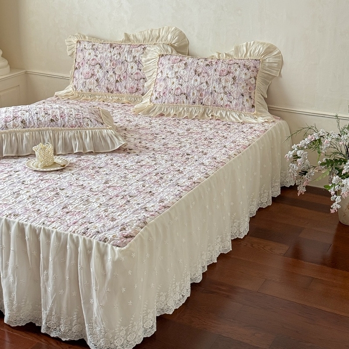 91家纺网 家纺一手货源 找家纺 花香四季家纺 2026新款全棉双层纱数码印花四件套 海棠花开-紫