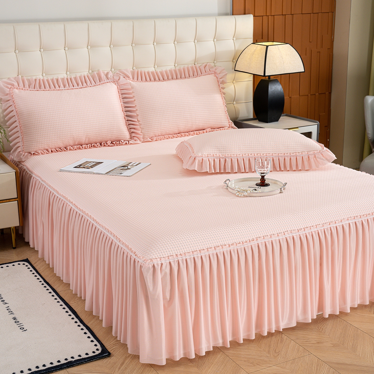 91家纺网 家纺一手货源 找家纺 （总）悦织湾家纺 2026新款床裙款3D华夫格豆豆凉席三件套千鸟阁凉豆豆冰爽夏凉席子三件套