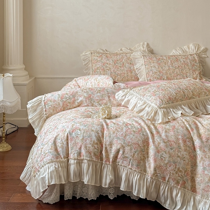 91家纺网 家纺一手货源 找家纺 花香四季家纺 2026新款全棉双层纱数码印花四件套 朝花夕拾