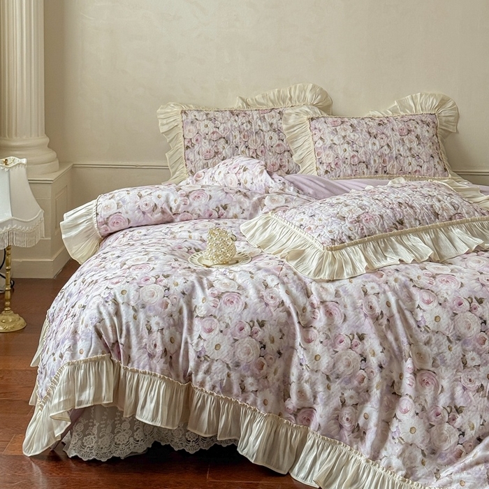 91家纺网 家纺一手货源 找家纺 花香四季家纺 2026新款全棉双层纱数码印花四件套 海棠花开-紫