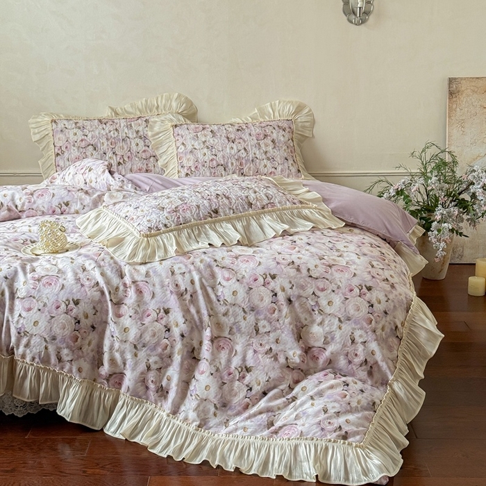 91家纺网 家纺一手货源 找家纺 花香四季家纺 2026新款全棉双层纱数码印花四件套 海棠花开-紫