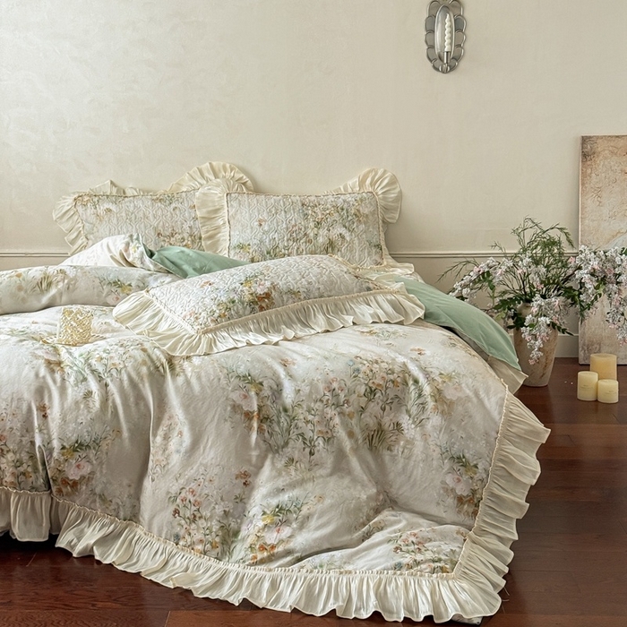 91家纺网 家纺一手货源 找家纺 花香四季家纺 2026新款全棉双层纱数码印花四件套 洛丽可